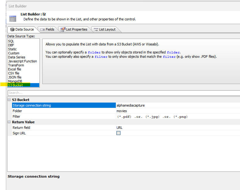 S3 Bucket Data Source Settings in List Builder